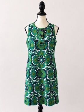 Ann Taylor 60s Mod Floral Medallion Cotton Silk Sheath Dress Green Blue 10P
